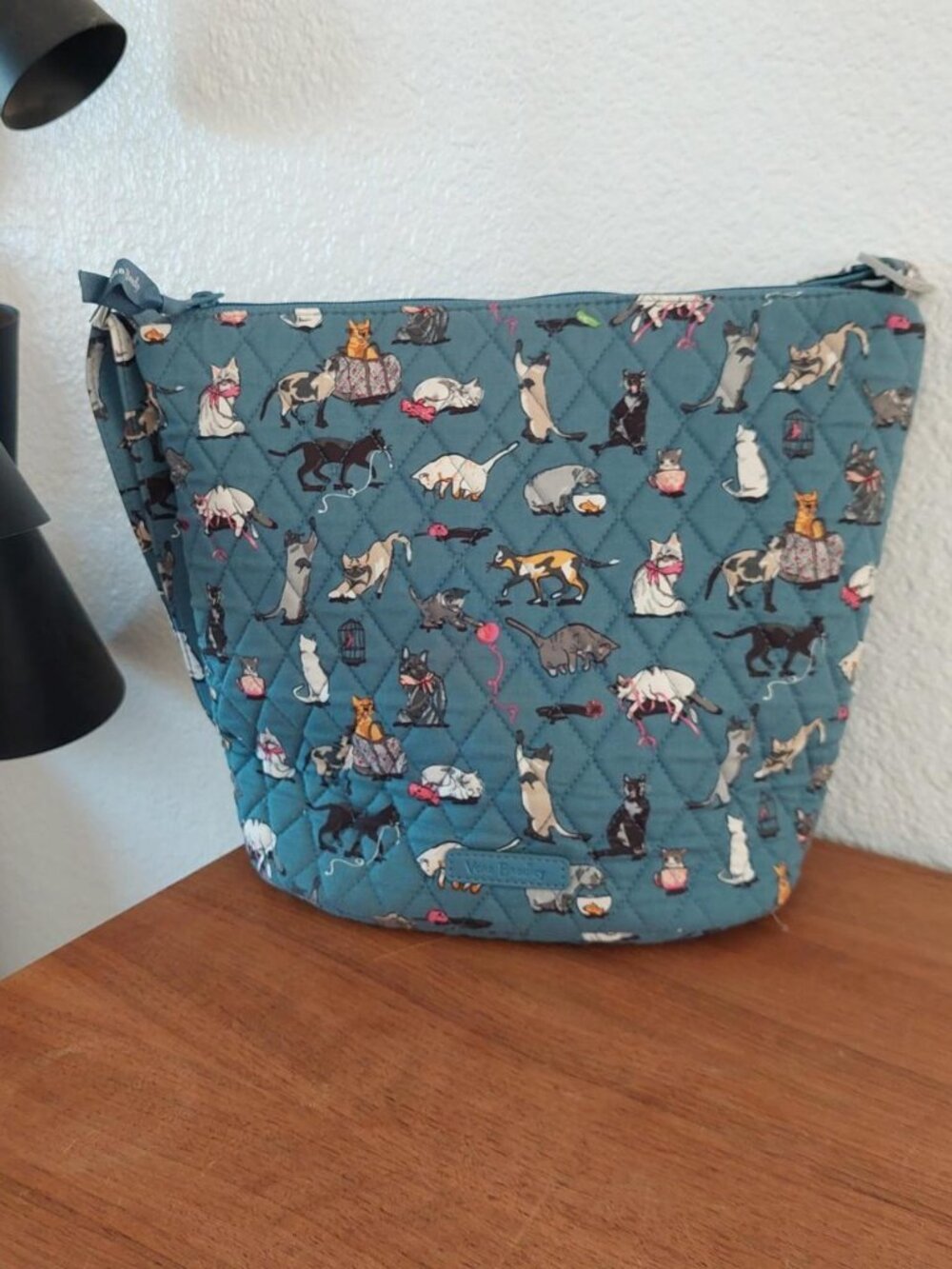 Bradley Cat's Meow Bucket Crossbody Bag Quilted Blue Cat Print Purse